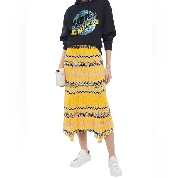 Sandro Paris Pointelle Chevron Zig Zag Knit Midi Skirt in Blue & Rust 2 US 6 - Picture 13 of 14